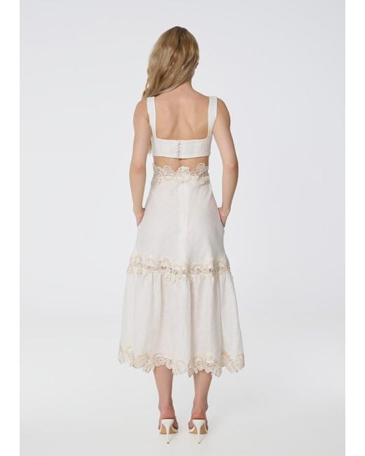 GIORGIA LUCASI Natural Ivory Linen Midi Dress With Lace Detail