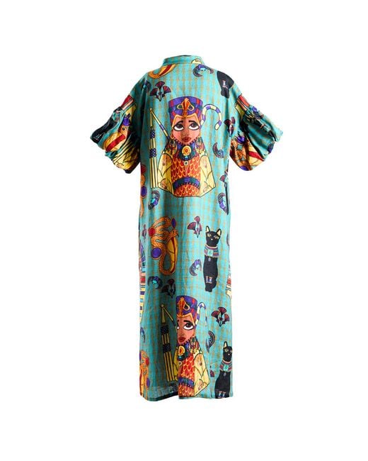 A.nty Story Blue Puff Sleeve Midi Dress With Waist Tie
