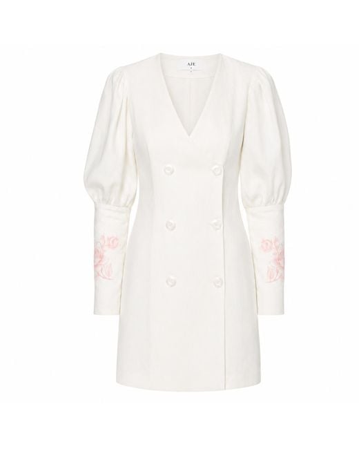 GIORGIA LUCASI White Ivory Linen Blazer Dress With Rose Embroidery