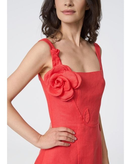 GIORGIA LUCASI Red Coral Linen Mini Dress With Rose Strap