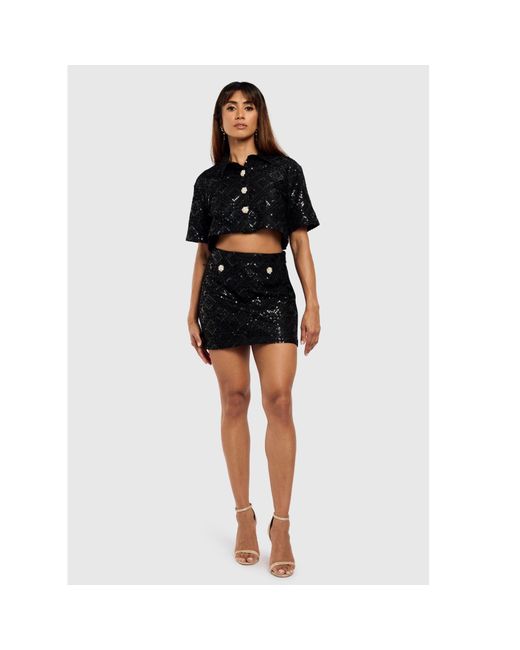 International Appeal Black Sequin Co-Ord Crop Shirt