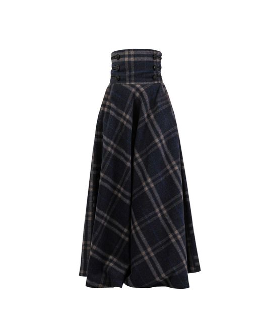 Women's Blue "Rose" Plaid Wool Maxi Skirt