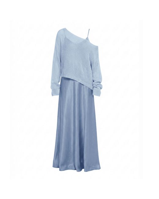 Women's Blue Powder Silky Overlay Maxi Dress With Knit Top