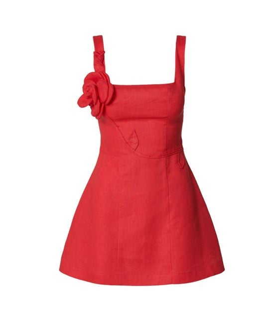 GIORGIA LUCASI Red Coral Linen Mini Dress With Rose Strap