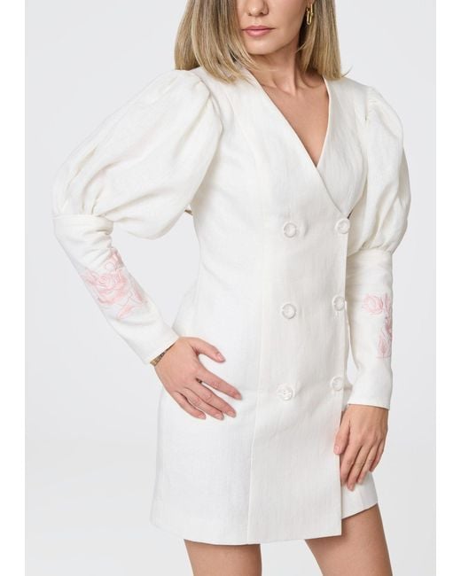 GIORGIA LUCASI White Ivory Linen Blazer Dress With Rose Embroidery