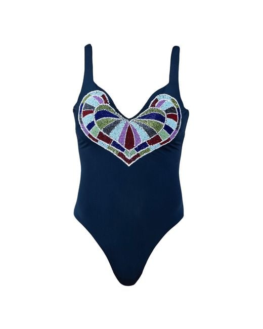 Self-Adore Blue Amor Hand-Beaded Embellished One-Piece Swimsuit