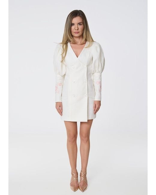 GIORGIA LUCASI White Ivory Linen Blazer Dress With Rose Embroidery