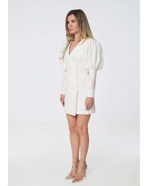 GIORGIA LUCASI White Ivory Linen Blazer Dress With Rose Embroidery