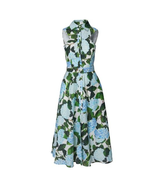 GIORGIA LUCASI Green Hydrangea Print Linen Midi Dress