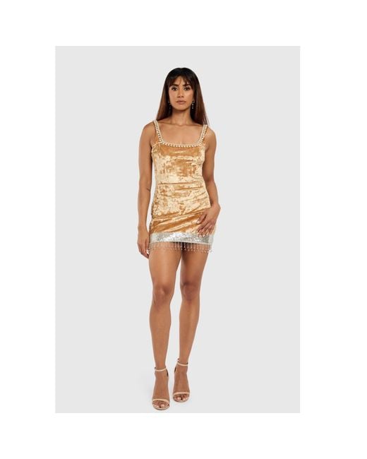 International Appeal Metallic Mustard Velvet Pearl Mini Dress