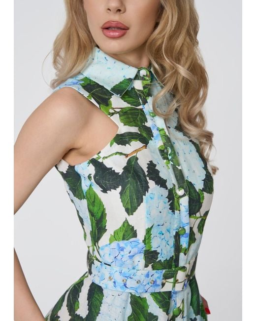 GIORGIA LUCASI Green Hydrangea Print Linen Midi Dress