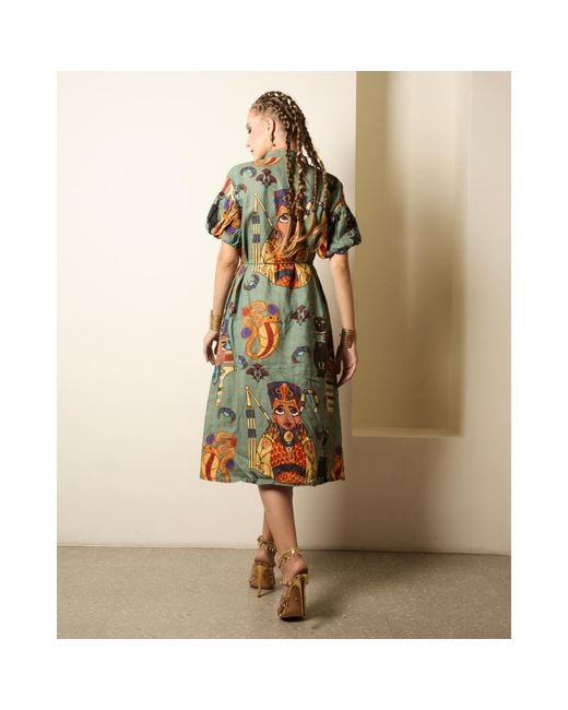 A.nty Story Blue Puff Sleeve Midi Dress With Waist Tie