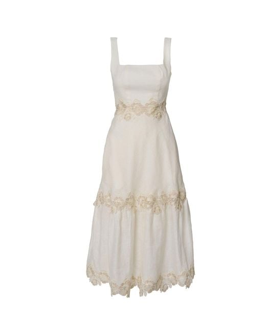 GIORGIA LUCASI Natural Ivory Linen Midi Dress With Lace Detail