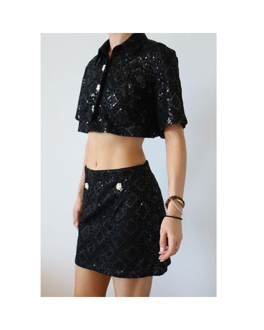 International Appeal Black Sequin Co-Ord Crop Shirt