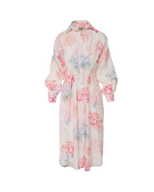 GIORGIA LUCASI Pink Floral Linen Shirt Dress With Balloon Sleeves