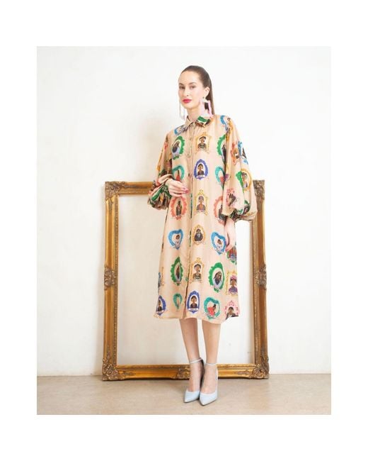 A.nty Story Blue Collared Balloon Sleeve Midi Dress