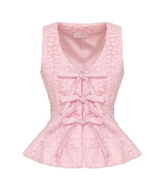 Georgette Pink Blush Lace Bow Peplum Top