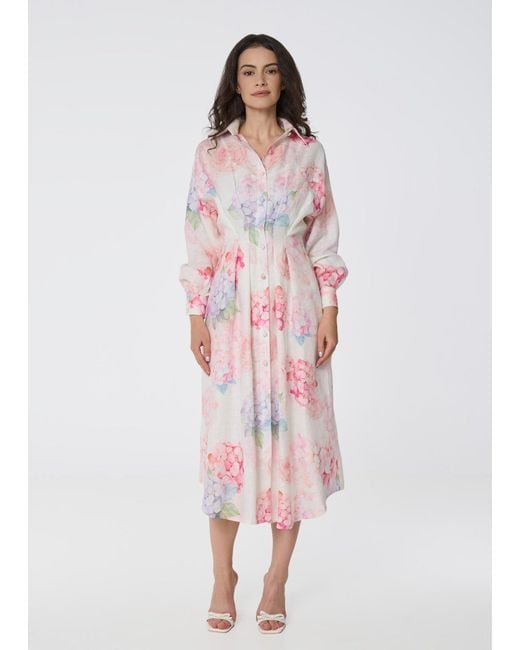 GIORGIA LUCASI Pink Floral Linen Shirt Dress With Balloon Sleeves