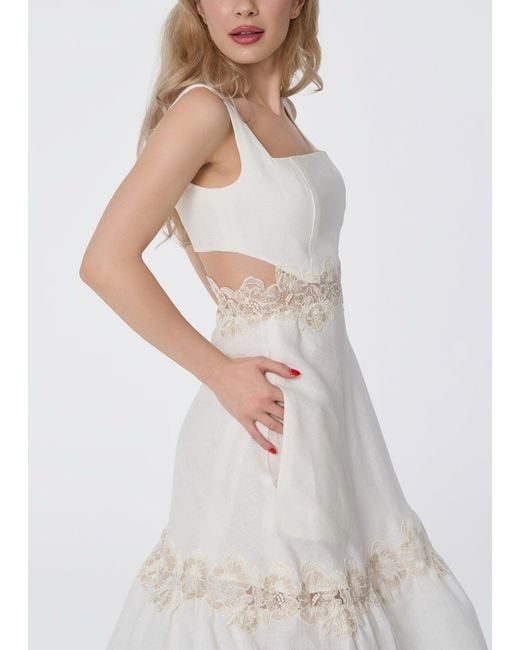 GIORGIA LUCASI Natural Ivory Linen Midi Dress With Lace Detail