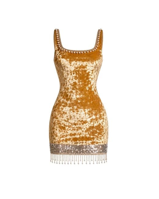 International Appeal Metallic Mustard Velvet Pearl Mini Dress