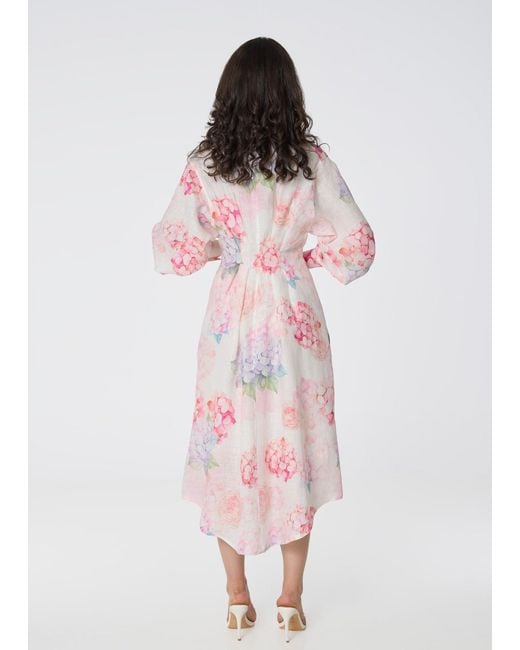 GIORGIA LUCASI Pink Floral Linen Shirt Dress With Balloon Sleeves