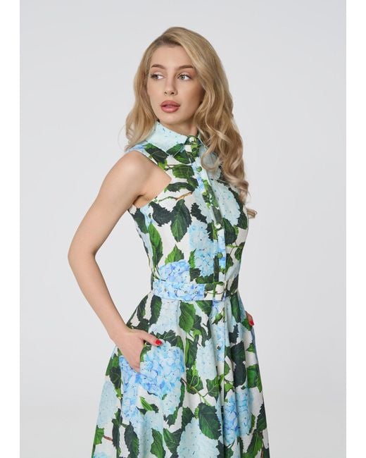 GIORGIA LUCASI Green Hydrangea Print Linen Midi Dress