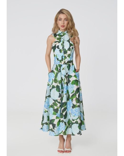 GIORGIA LUCASI Green Hydrangea Print Linen Midi Dress