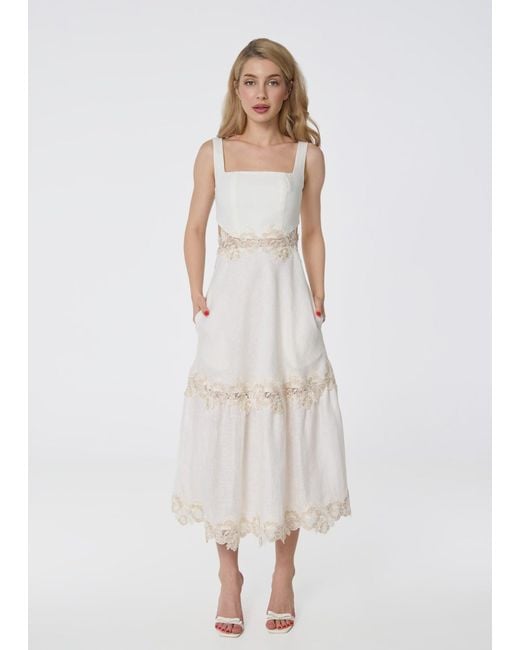 GIORGIA LUCASI Natural Ivory Linen Midi Dress With Lace Detail