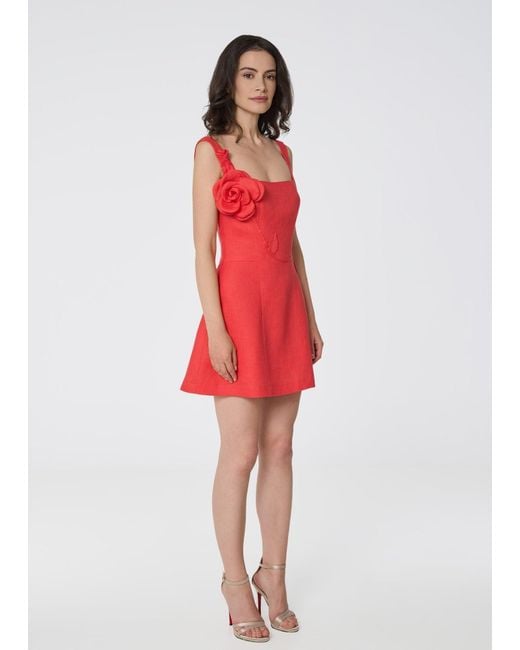GIORGIA LUCASI Red Coral Linen Mini Dress With Rose Strap