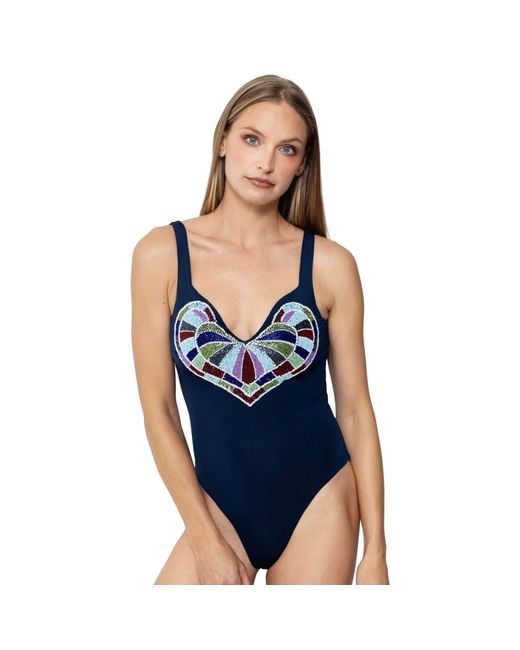 Self-Adore Blue Amor Hand-Beaded Embellished One-Piece Swimsuit