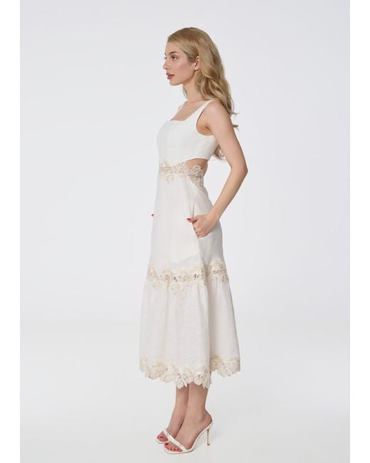 GIORGIA LUCASI Natural Ivory Linen Midi Dress With Lace Detail