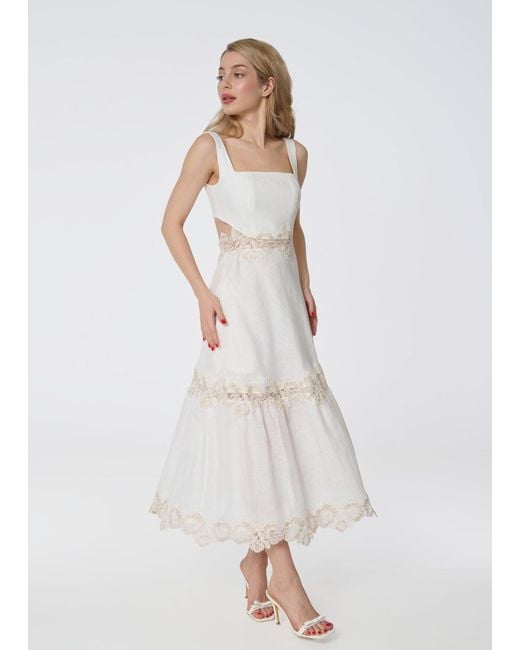 GIORGIA LUCASI Natural Ivory Linen Midi Dress With Lace Detail