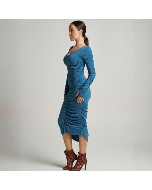 LIZ SKORSIS Blue Viva Scoop Neck Ruched Dress