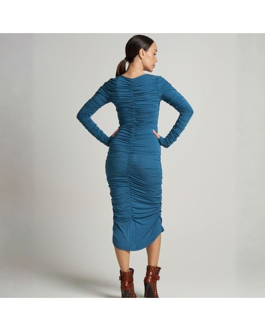LIZ SKORSIS Blue Viva Scoop Neck Ruched Dress