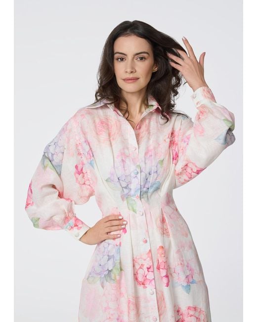GIORGIA LUCASI Pink Floral Linen Shirt Dress With Balloon Sleeves