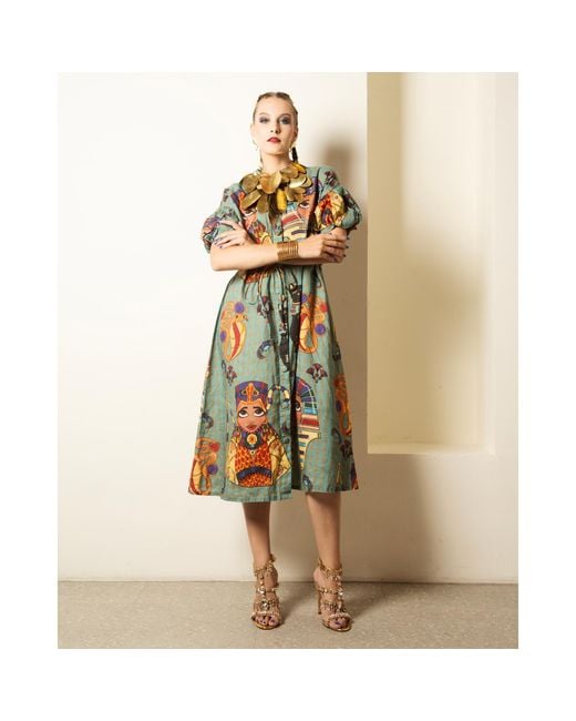 A.nty Story Blue Puff Sleeve Midi Dress With Waist Tie