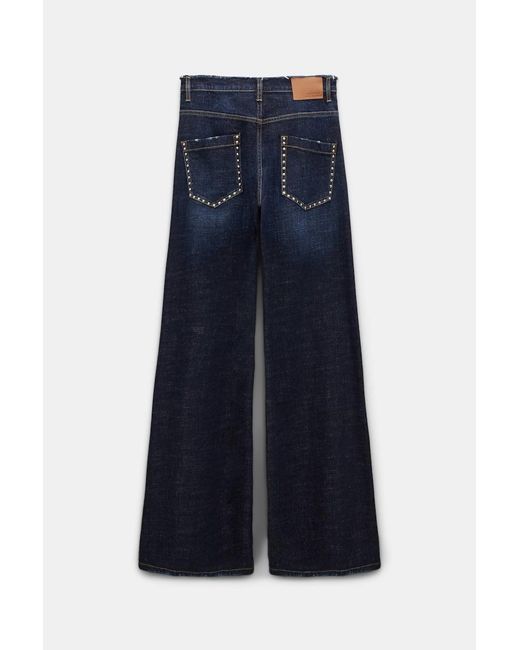 Dorothee Schumacher Blue Studded Wide Leg Jeans With Frayed Waistband