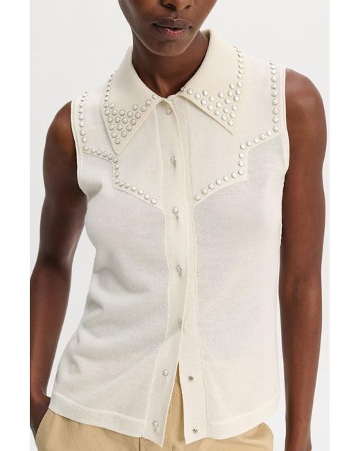 Dorothee Schumacher White Embellished Sleeveless Knit Shirt With Polo Collar
