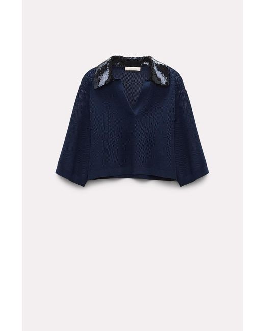 Dorothee Schumacher Blue Pointelle Knit Top With Sequin Collar