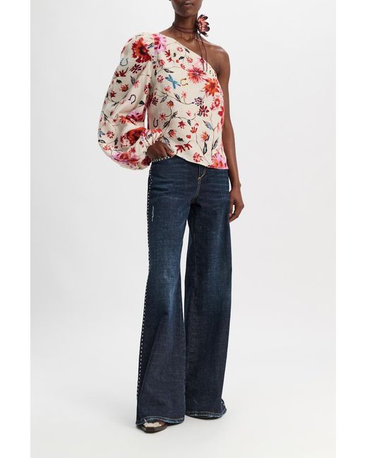 Dorothee Schumacher Red Printed Linen Asymmetrical Top With Voluminous Sleeve