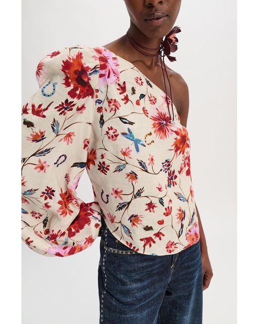 Dorothee Schumacher Red Printed Linen Asymmetrical Top With Voluminous Sleeve