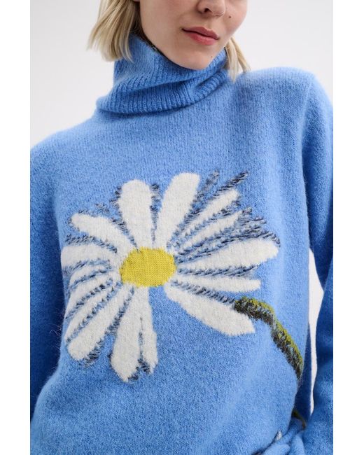Dorothee Schumacher Blue Turtleneck Pullover With Intarsia Knit Flower