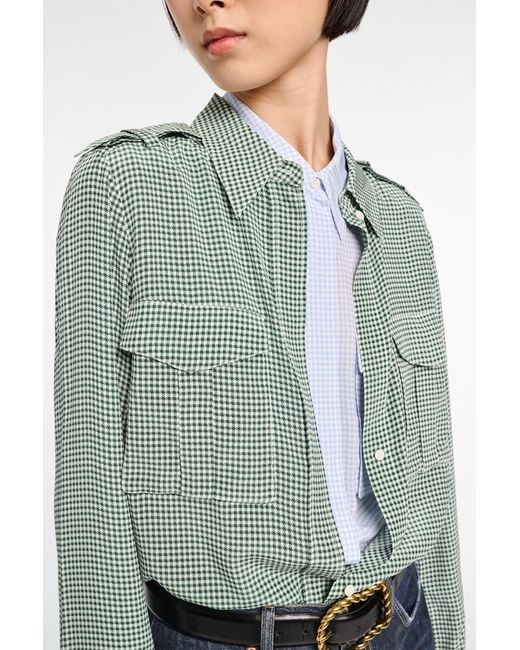 Dorothee Schumacher Green Gingham Print Silk-Viscose Blouse With Epaulettes
