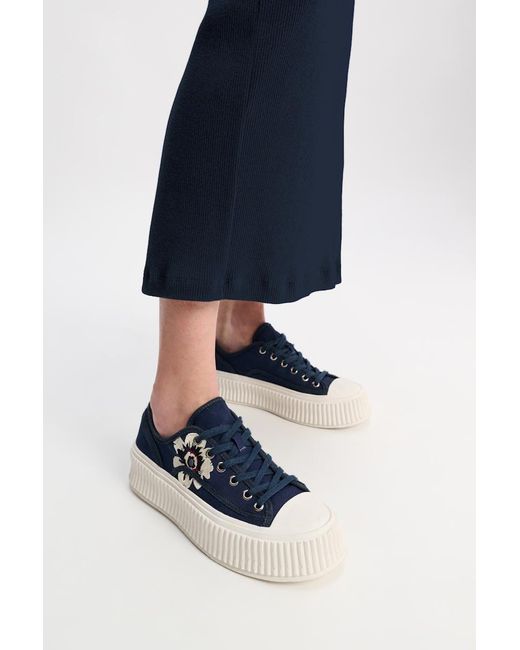 Dorothee Schumacher Blue Cotton Canvas Platform Sneakers With Flower Embroidery