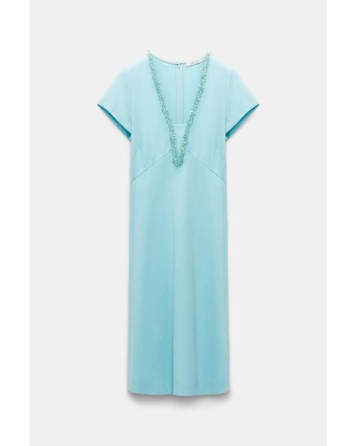 Dorothee Schumacher Blue Punto Milano Hourglass Dress With Embellished V-neckline
