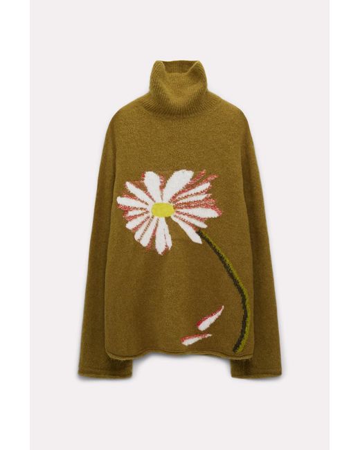 Dorothee Schumacher Green Turtleneck Pullover With Intarsia Knit Flower