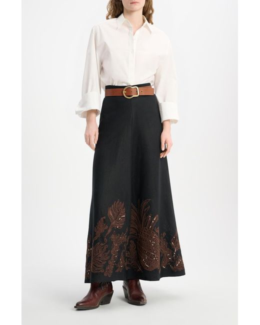 Dorothee Schumacher Black Linen Midi Skirt With Contrast Broderie Anglaise