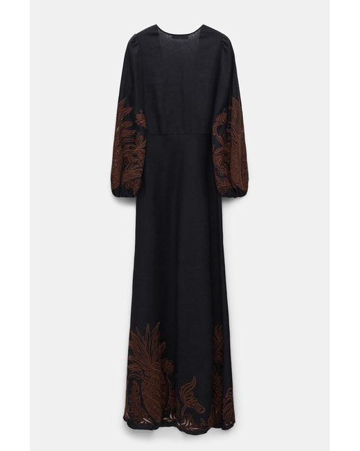 Dorothee Schumacher Black Linen Midi Dress With Contrast Broderie Anglaise