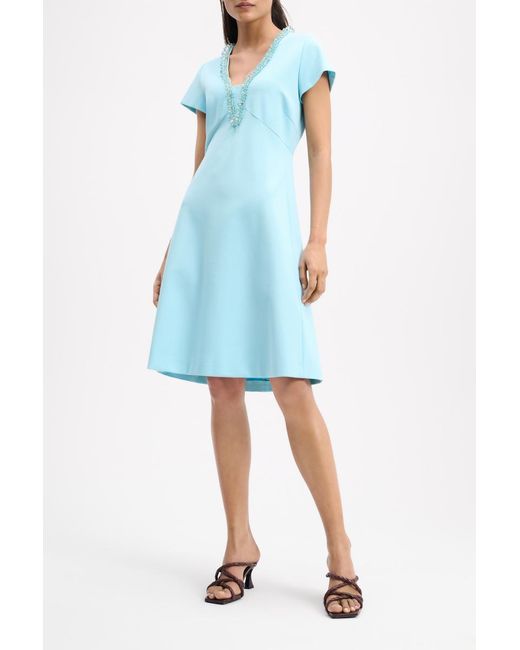 Dorothee Schumacher Blue Punto Milano Hourglass Dress With Embellished V-neckline