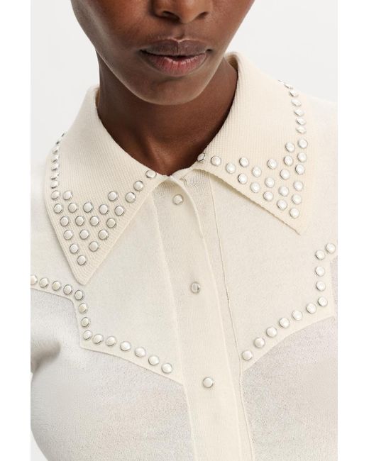 Dorothee Schumacher White Embellished Sleeveless Knit Shirt With Polo Collar
